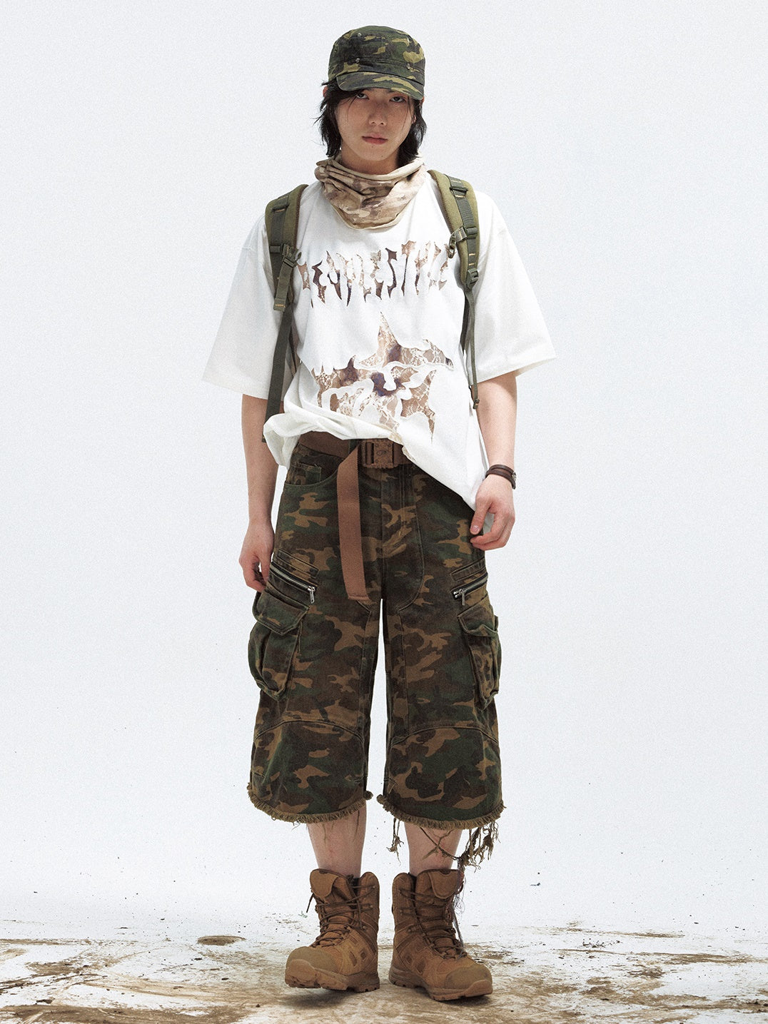 Camouflage Raw Edge Straight Work Cropped Pants