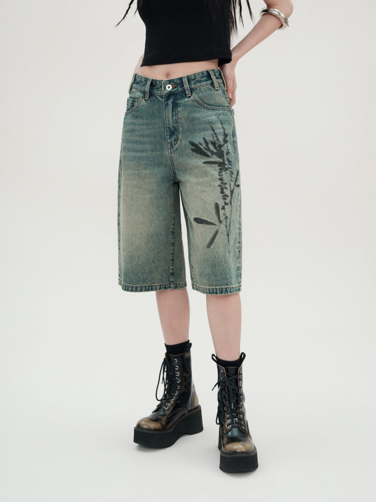 Printed Flowers Retro Distressed Loose Denim Half Pants