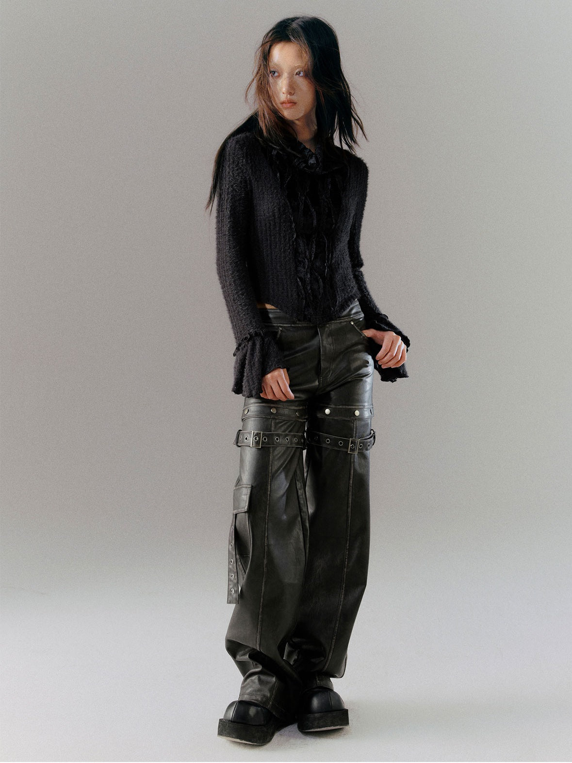 Button Deconstructed Leather Straight Trousers