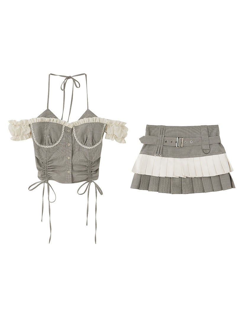 Halter Neck Suspender Top &amp; Short Pleated Cake Skirt