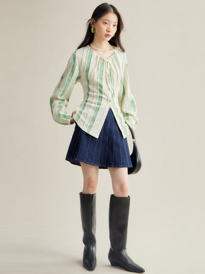 A-line Short Denim Pleated Skirt