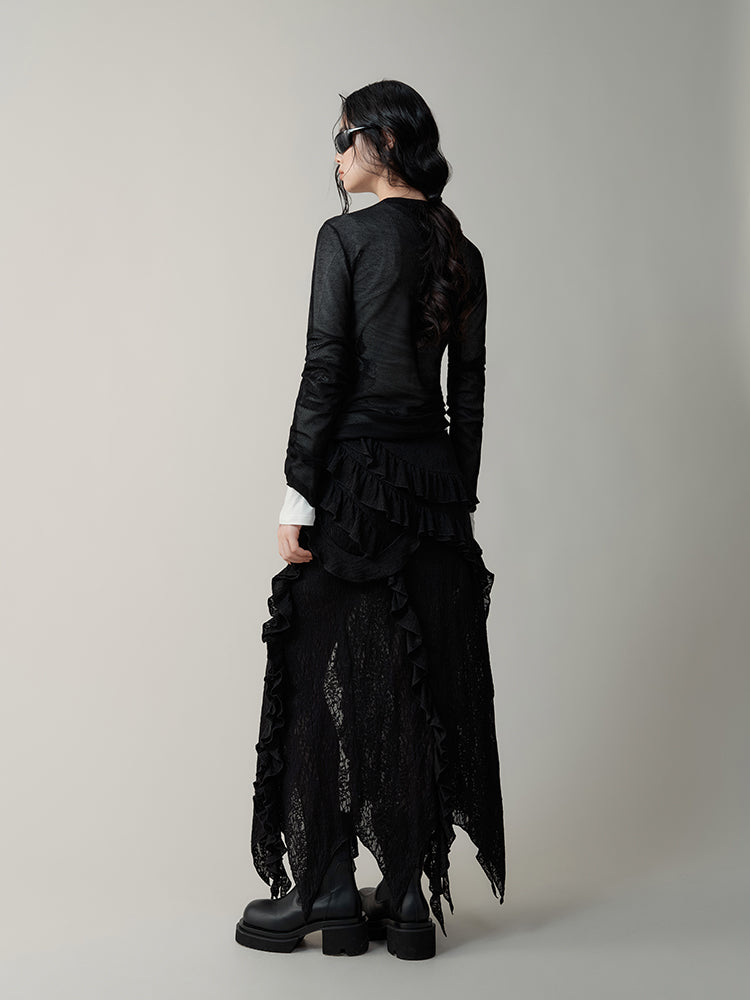 Layered Jacquard Transparent Ear Edge Irregular Skirt