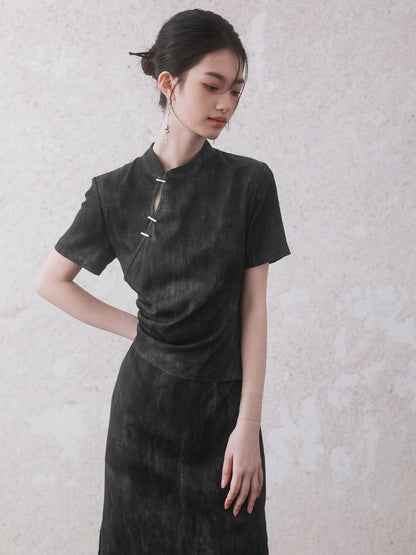 Chinese Style Gradation Wrinkled Short Sleeve Dress