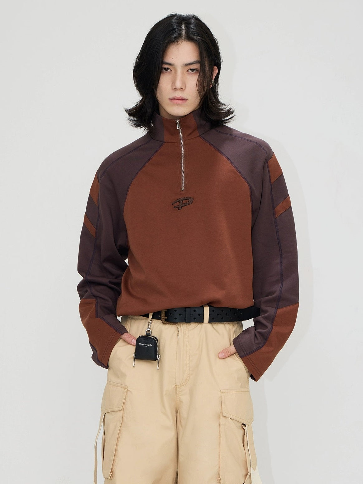 LOGO Stand-Collar Color Patchwork Pullover