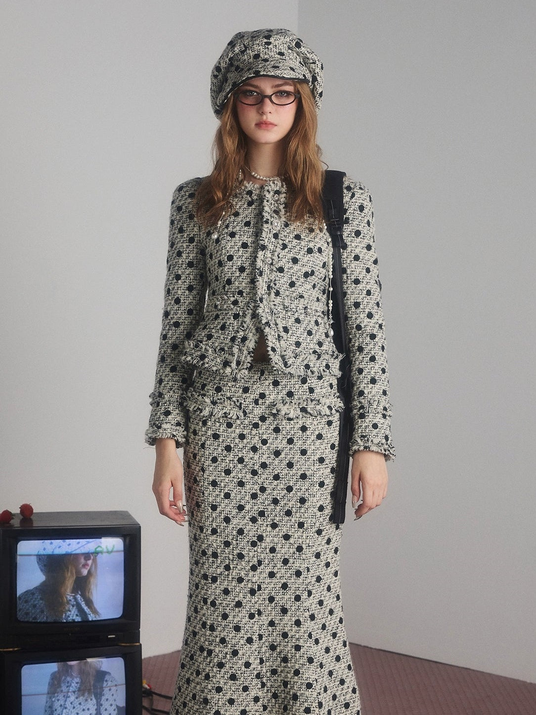 Polka Dot Tweed No-Collar Jacket &amp; Skirt