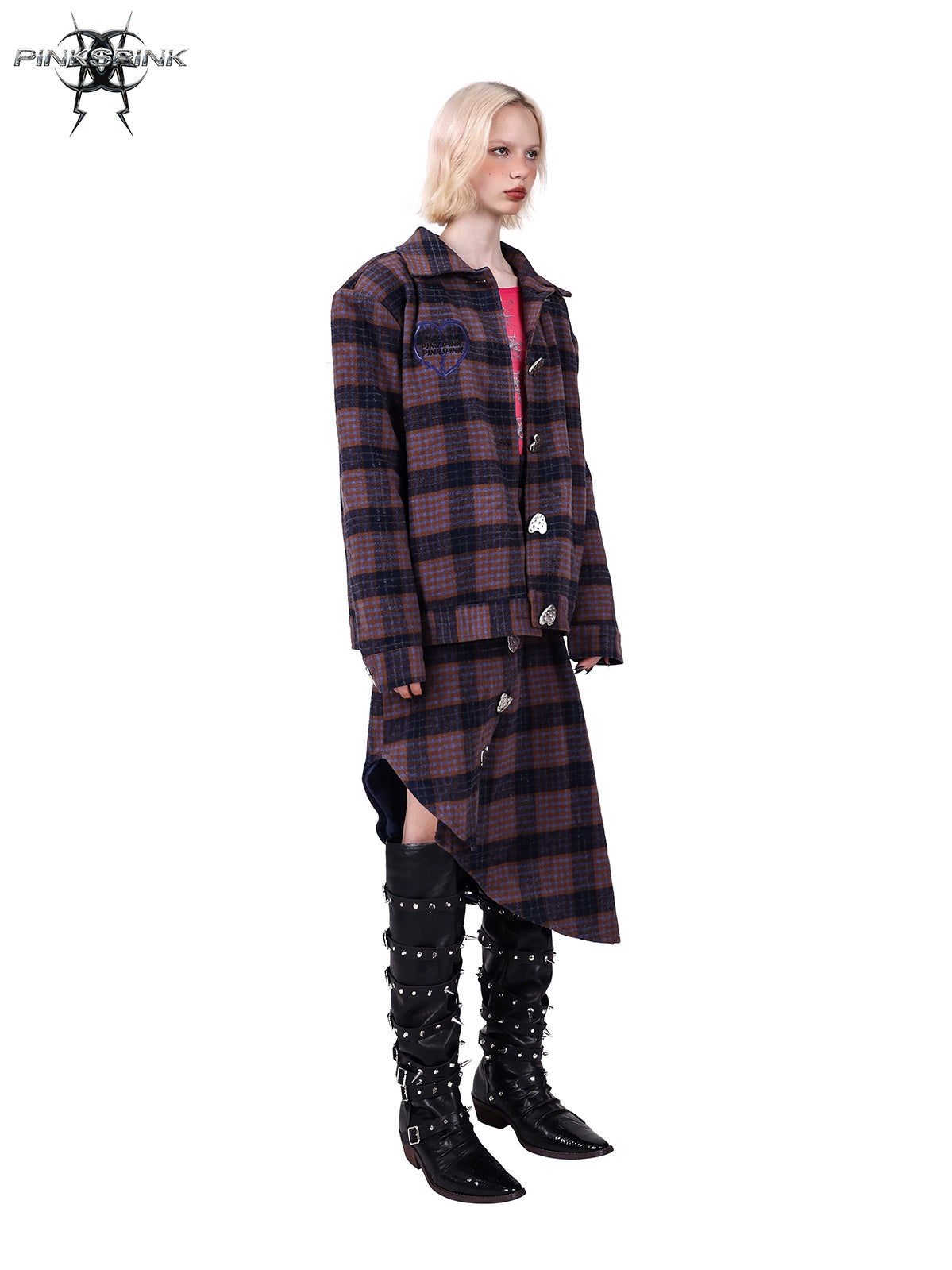 Plaid Heart Button Short Jacket ＆ Asymmetry Hem Skirt