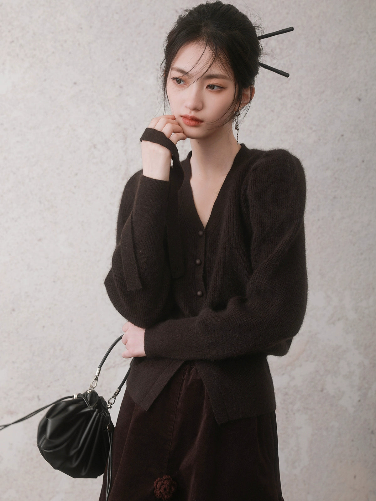 Puff Sleeve V-neck Knitted Cardigan