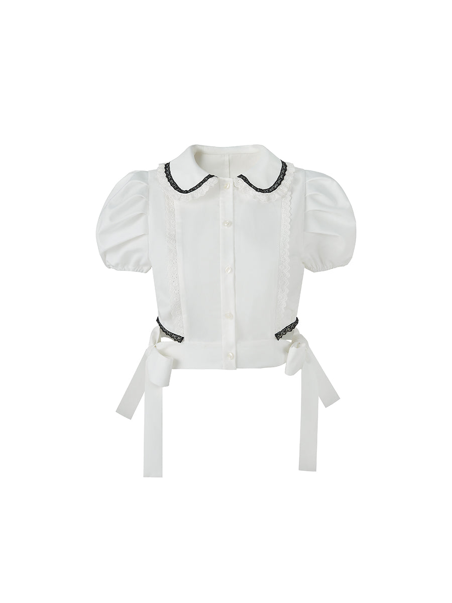 Side Ribbon Doll Collar Puff Sleeve Shirt