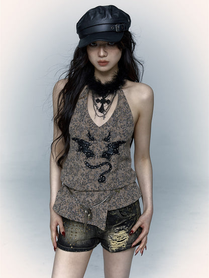 Rivet Devil Embroidery Leopard Print Halter Neck Top