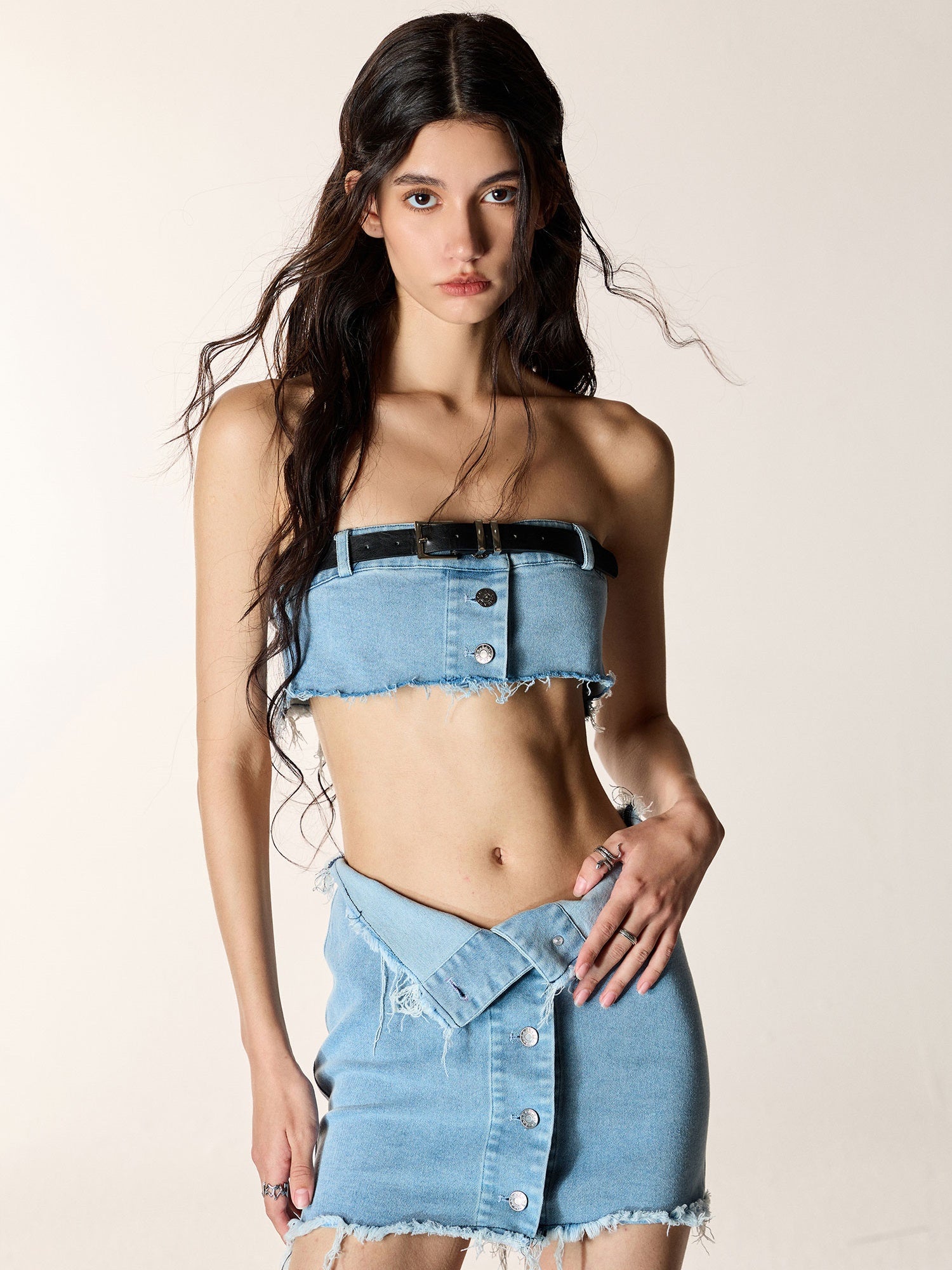 Light Washed Denim Bolero & Tube Top & Micro Mini Skirt – ARCANA