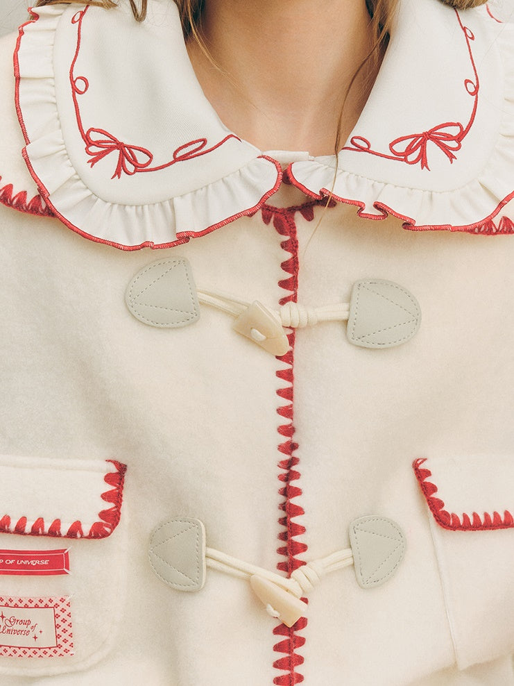 Piping Embroidered Flap Pocket Duffel Cardigan