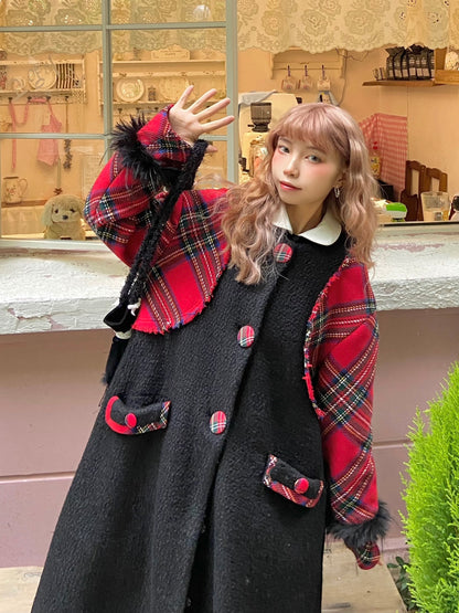 Retro Plaid Switching Long Coat