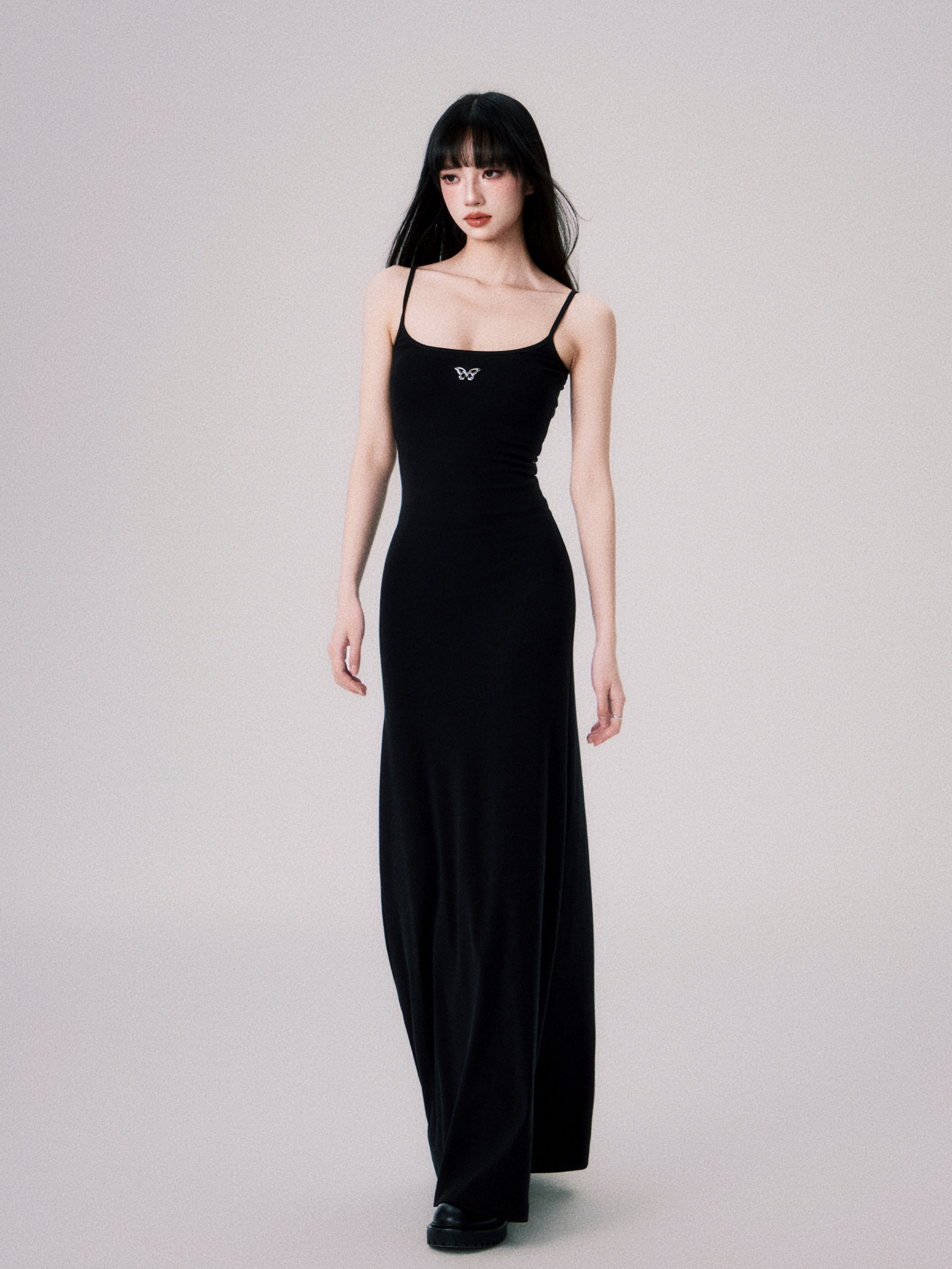 Square Neck Slim Suspender Long Dress