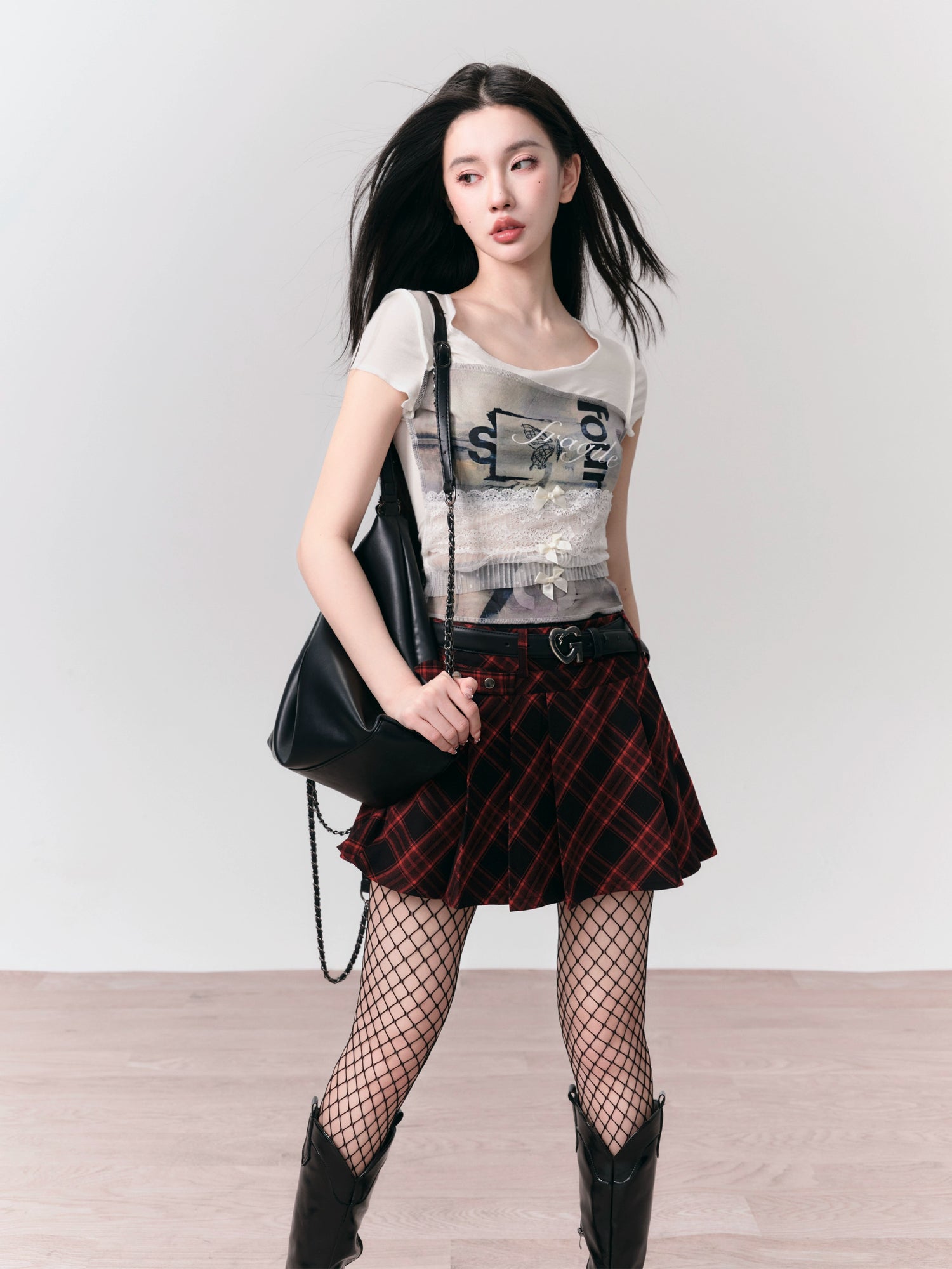 Printed Lace Stitching Bow Slim T-Shirt