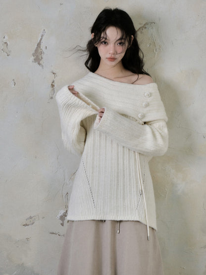 Button Accent One Shoulder Loose Knitted Sweater