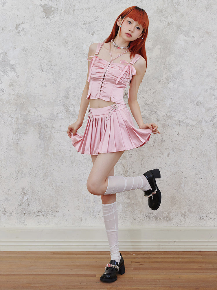 SHINY SUSPENDER TOP &amp; LOW WAIST PLEATED SKIRT