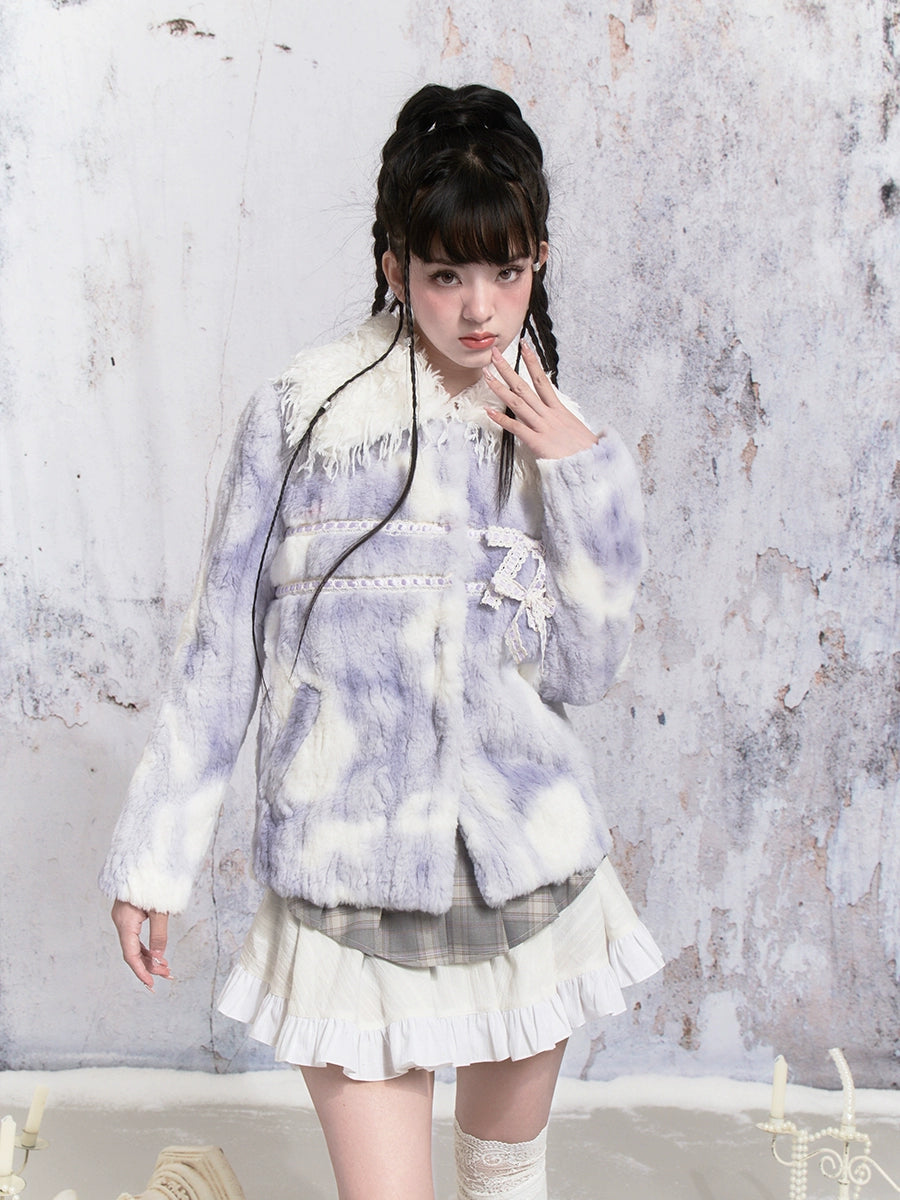 Ribbon Tie-dye Stitching Fur Jacket