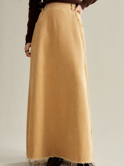 Fringed Corduroy Long A-line Skirt