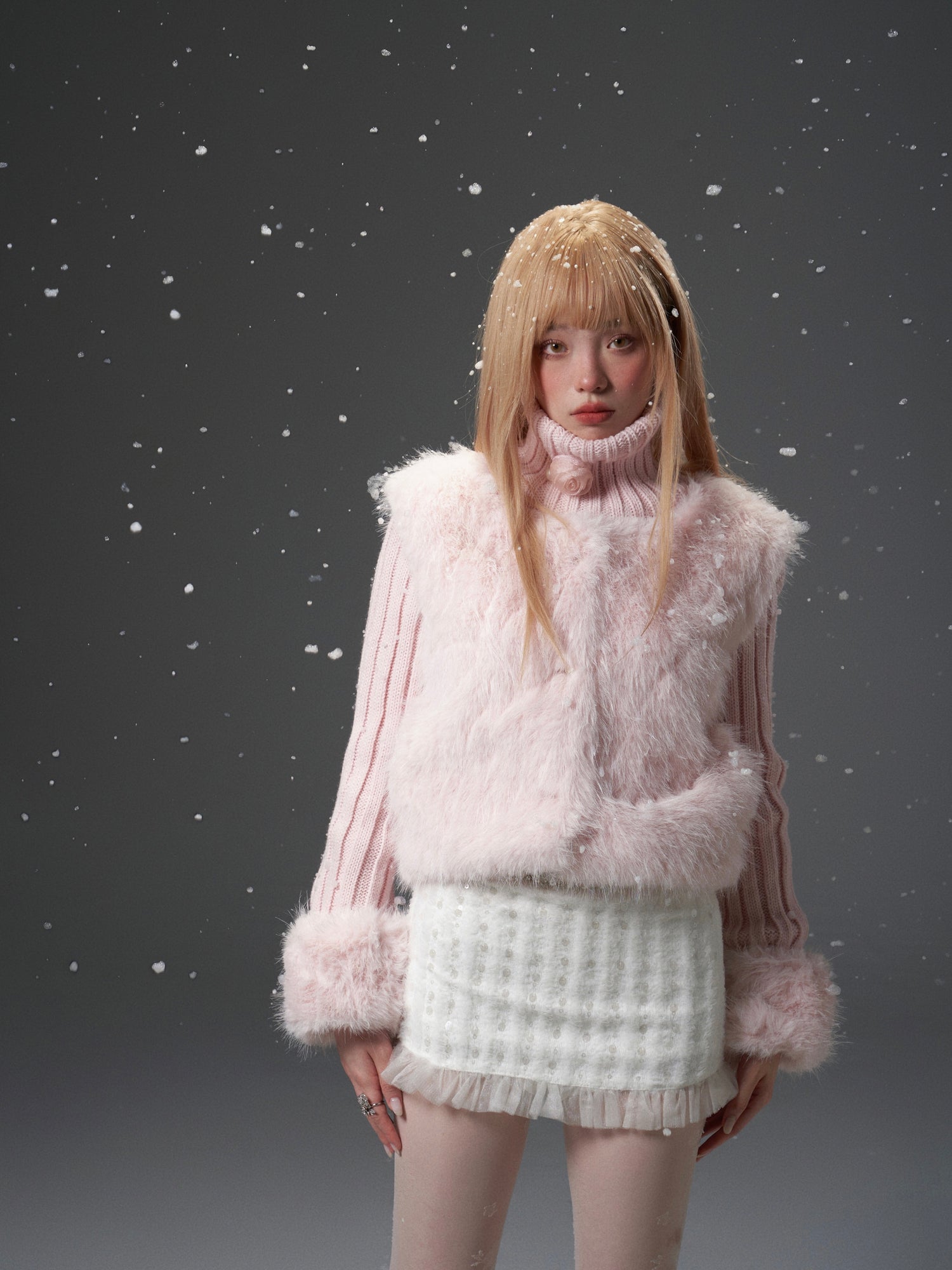 Knitted Neck &amp; Sleeve Splicing Detachable Fur Jacket