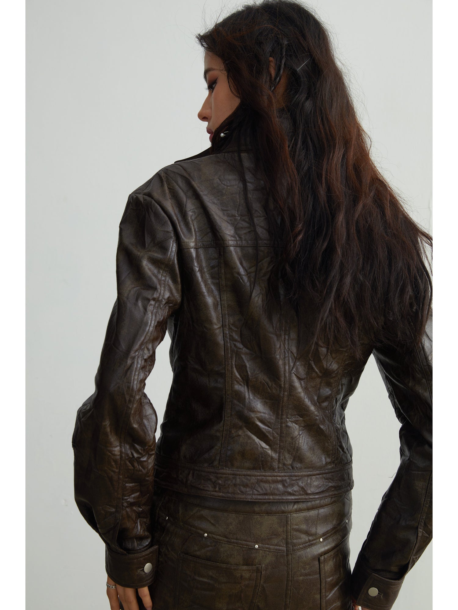 Wrinkled Texture Imitation Leather Slim Jacket