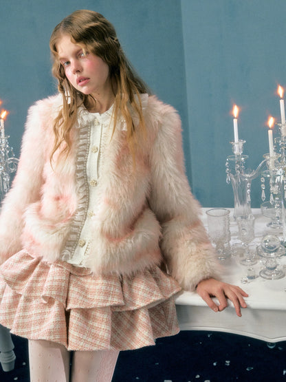 Smudged Pearl Lace Short Imitation Fur Coat