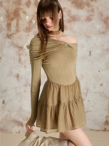 Niche Off-shoulder Slim Gather Dress