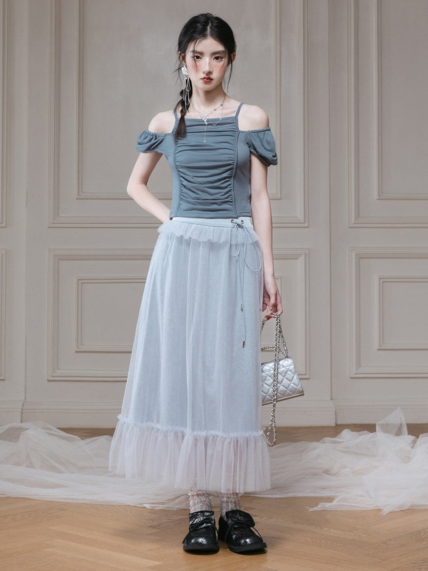 Mesh Ruffle Long Sheer Skirt