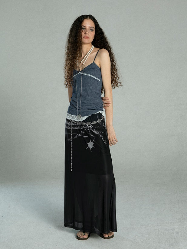 Spider Printing Short T-shirt &amp; Low Waist Chain Printing Long Skirt