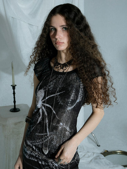 Spider Printing Short T-shirt &amp; Low Waist Chain Printing Long Skirt