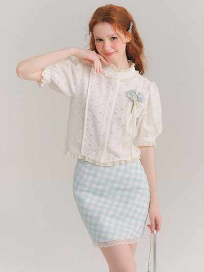 Stand Collar Jacquard Lace French Short-sleeved Shirt