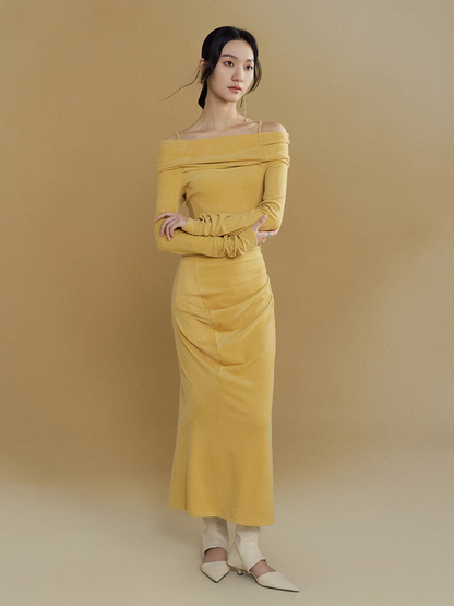 One-shoulder Long-sleeved Brushed Long Knit Dress