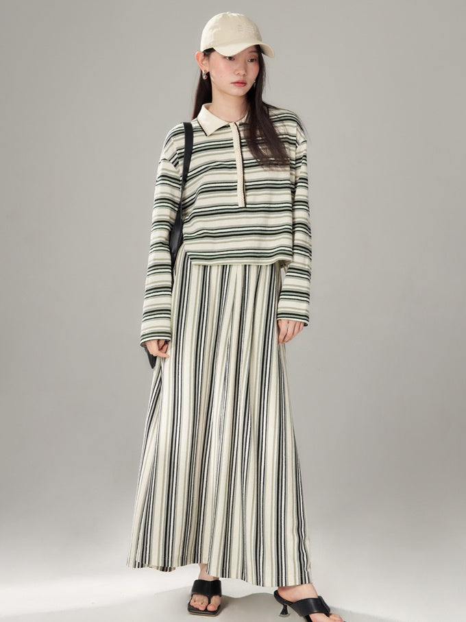 Easy Chic Grainy Texture Striped Knitted POLO Shirt ＆ Skirt