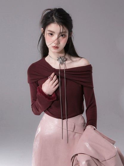 Slanted Shoulder Collar Twisted Sweater