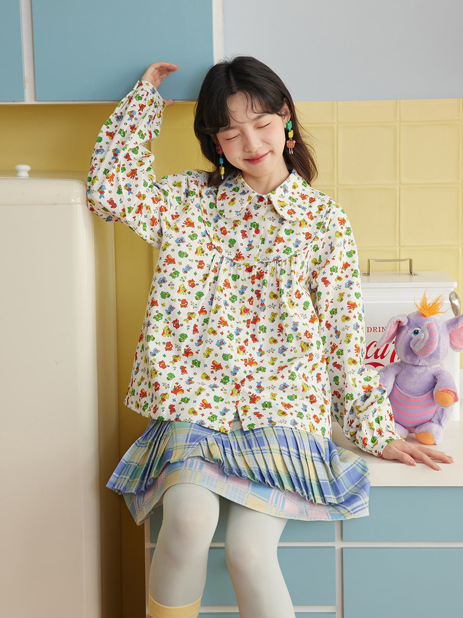 A-line Colorful Print Doll Collar Shirt