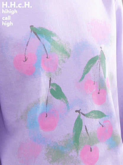 Gradient Cherry Print Round Neck Loose T-shirt