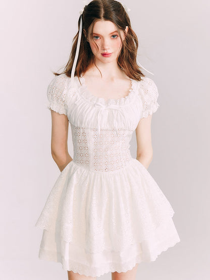 Embroidered Lace Waist Hollow Short Dress