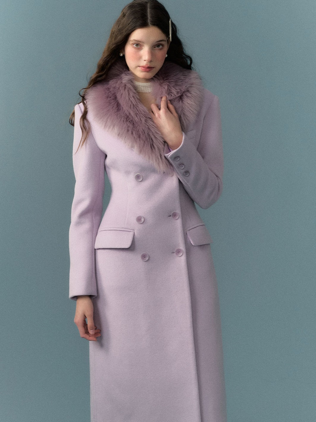 Fur Collar Slim Waist Long Double-breasted Coat