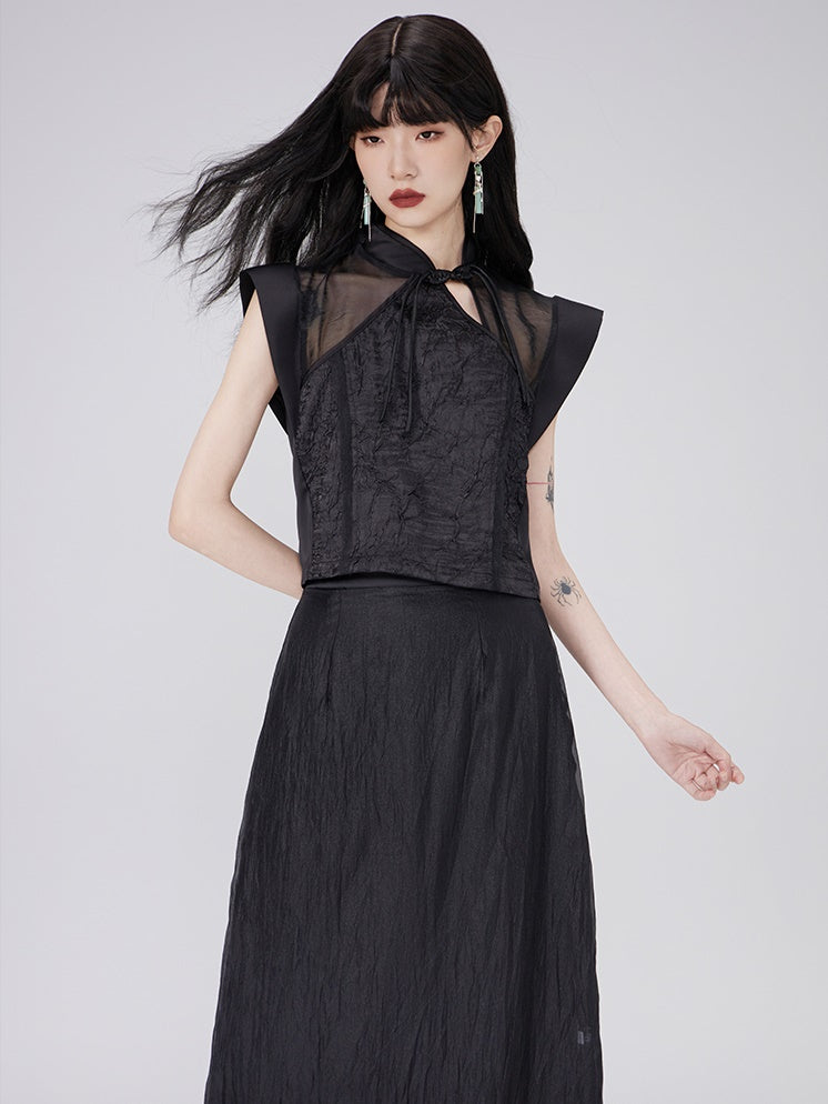 Chinese Style French Sleeve Hollow Top &amp; Sheer Skirt