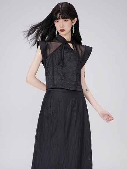 Chinese Style French Sleeve Hollow Top &amp; Sheer Skirt