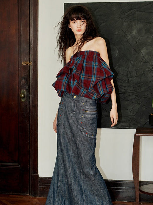 Plaid 2Way Design Short Bud Skirt &amp; Bare Top