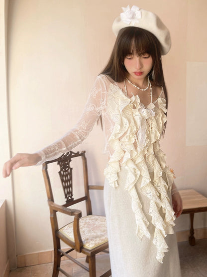 See-through Irregular Lace Long-sleeved Shirt