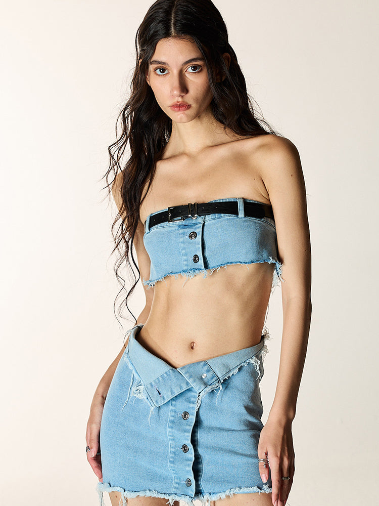 Leicht gewaschener Denim Bolero &amp; Tube Top &amp; Micro Minirock