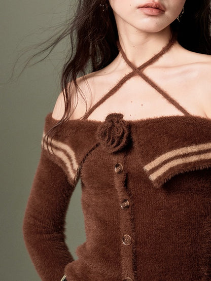 Rose Cross Strap One-shoulder Sweater