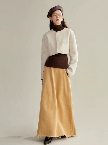 Fringed Corduroy Long A-line Skirt