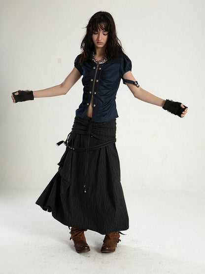 Tribal Style Irregular Segmentation Pleated Long Skirt