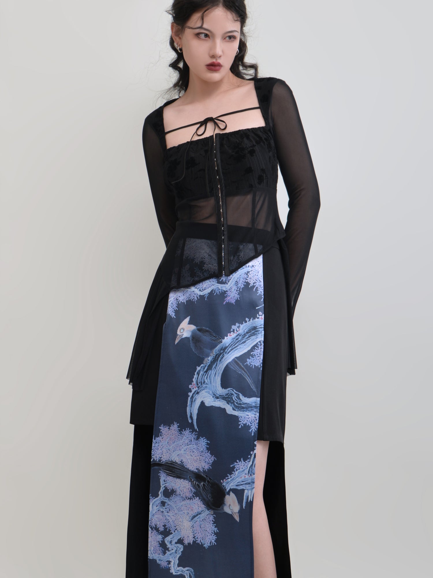 Chinese Style Printed Stitching High Waist Skirt