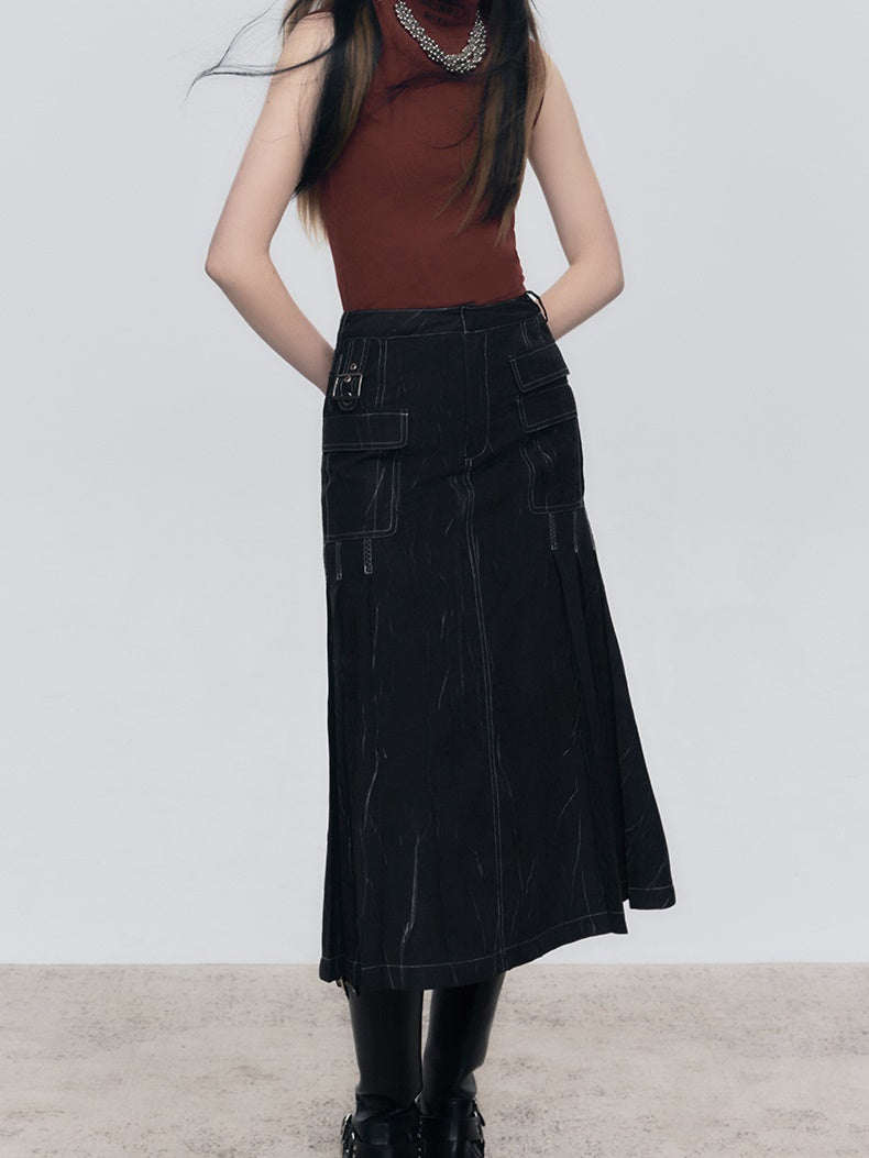 Wrinkle Texture Pleated Pocket Skirt