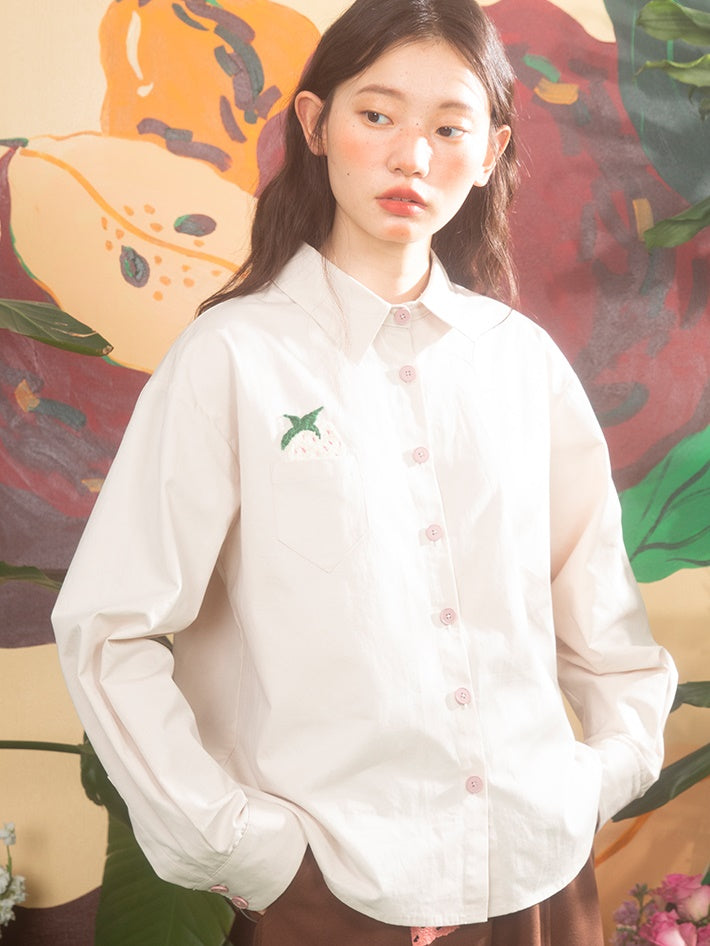 Strawberry Embroidery Loose Long-sleeved Shirt