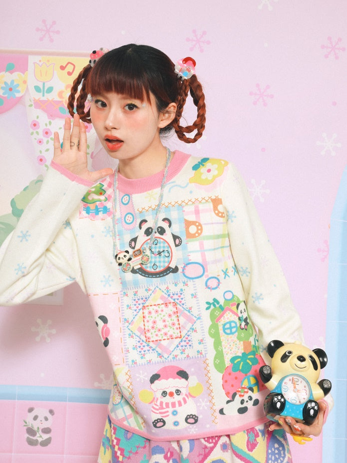 Panda Snowflake Print Round Neck Knitted Shirt