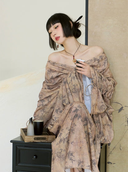 Chinese Style V-Neck Wide Gather Sleeve Dress